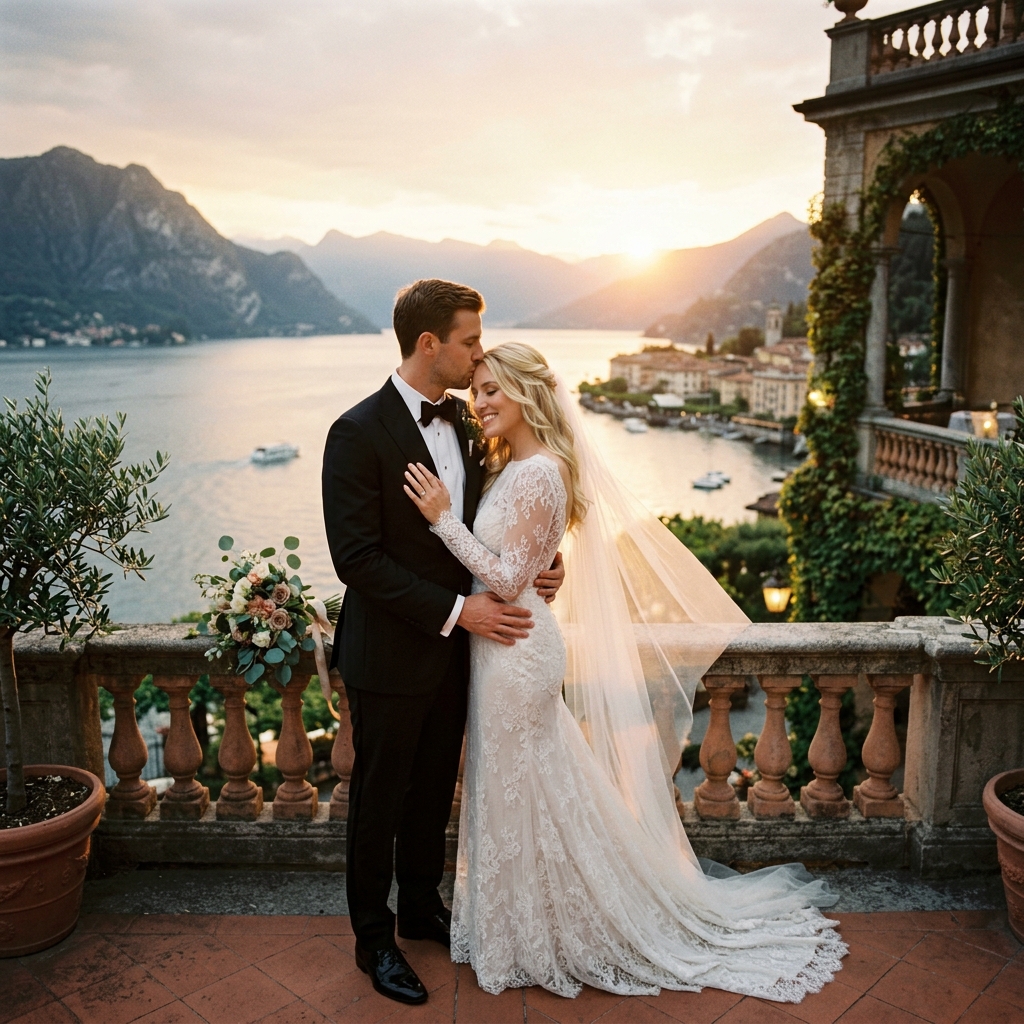 Editorial wedding embrace at Lake Como sunset