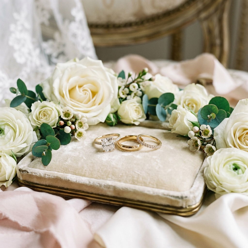 Preparation detail shot with wedding rings