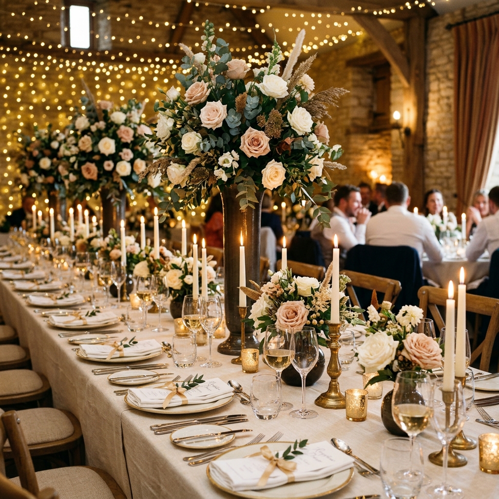 Candlelit wedding reception table backdrop